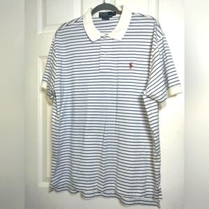 Polo Ralph Lauren (Size XL) Men's White & Blue Striped Red Pony Pima Cotton Polo